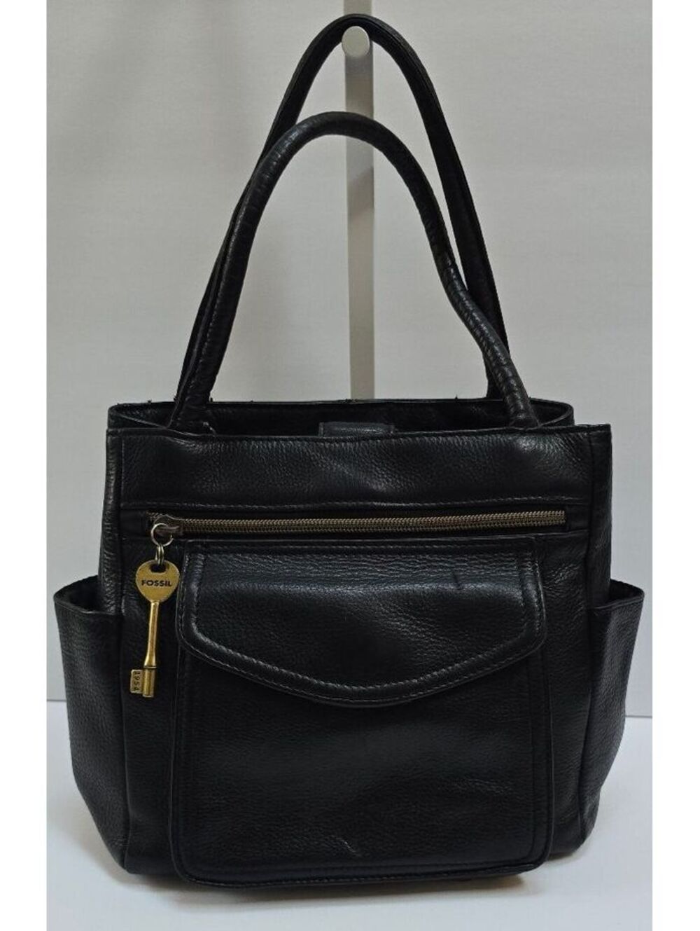 Vintage Fossil 1954 Black Genuine Leather Organizer Tote Bag Key Charm